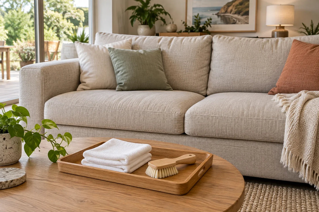 Folded white cleaning cloths and a soft brush on a tray in front of a beige sofa.