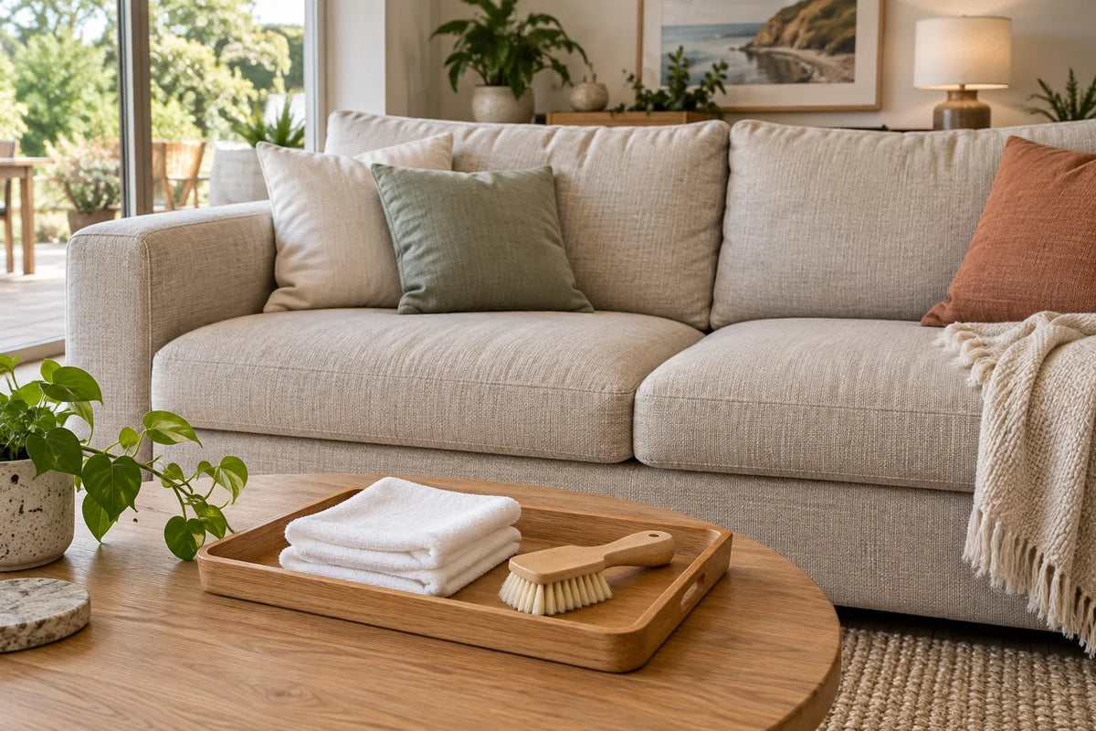Folded white cleaning cloths and a soft brush on a tray in front of a beige sofa.
