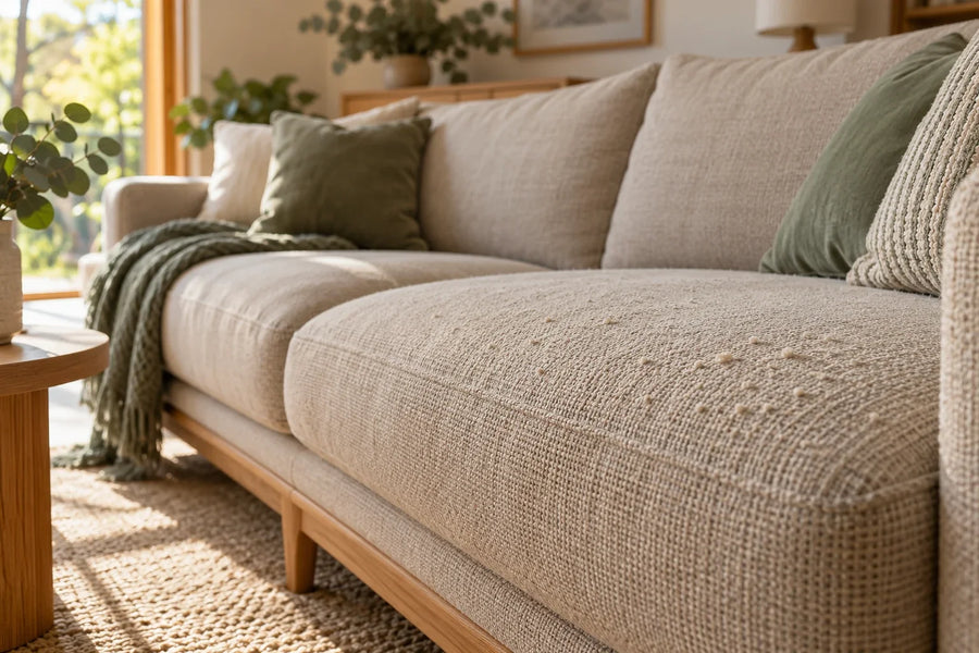 Small fabric pills on the seat of an oatmeal sofa in a sunlit living room.
