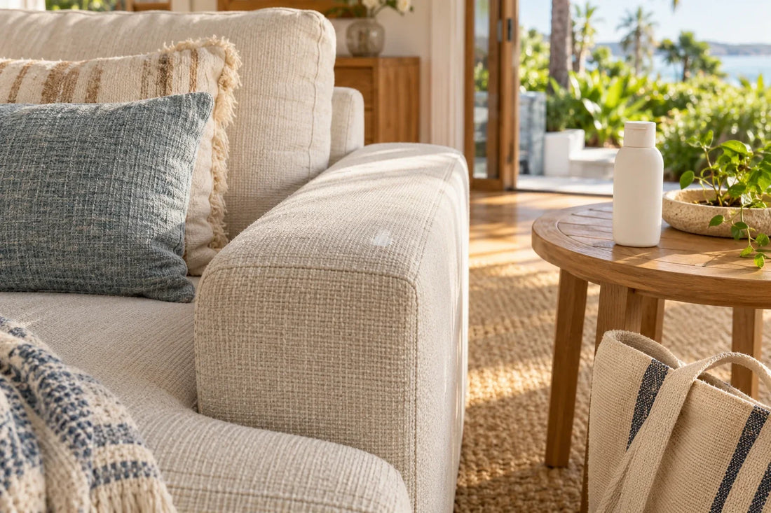 Small pale transfer mark on a cream sofa arm beside a plain bottle and beach tote.