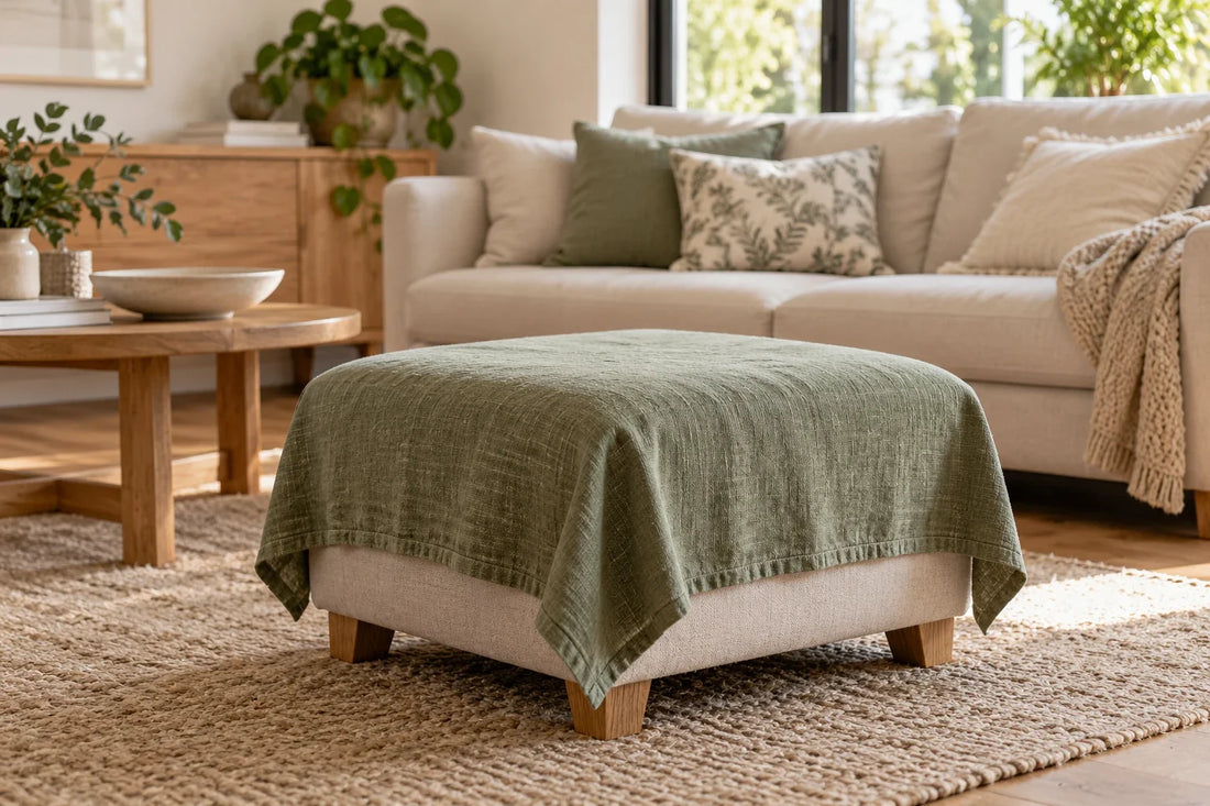 A sage woven cloth draped over a square upholstered footstool, with timber legs visible.