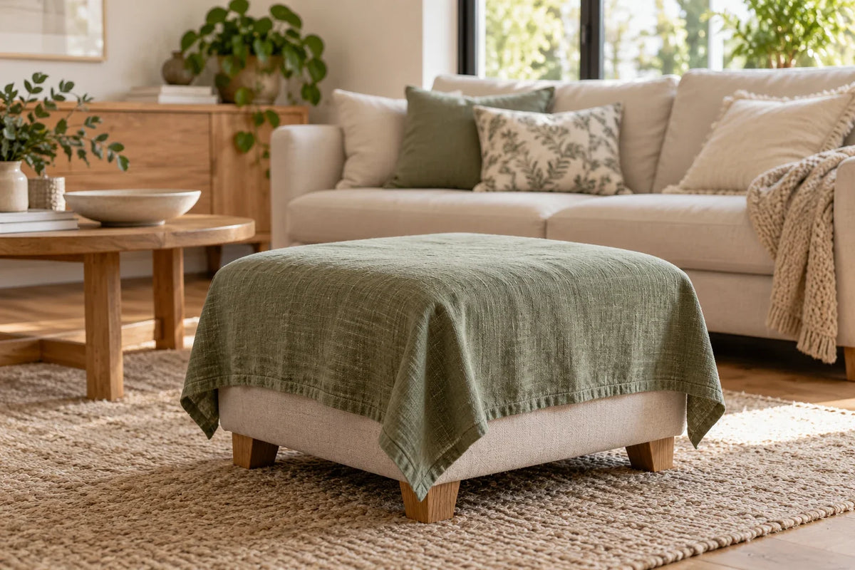 A sage woven cloth draped over a square upholstered footstool, with timber legs visible.