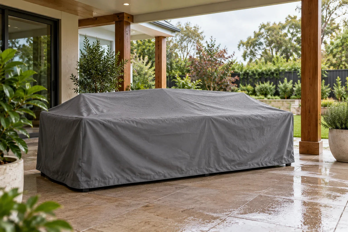 A grey furniture cover over a sofa beneath a solid patio roof, with a garden beyond.