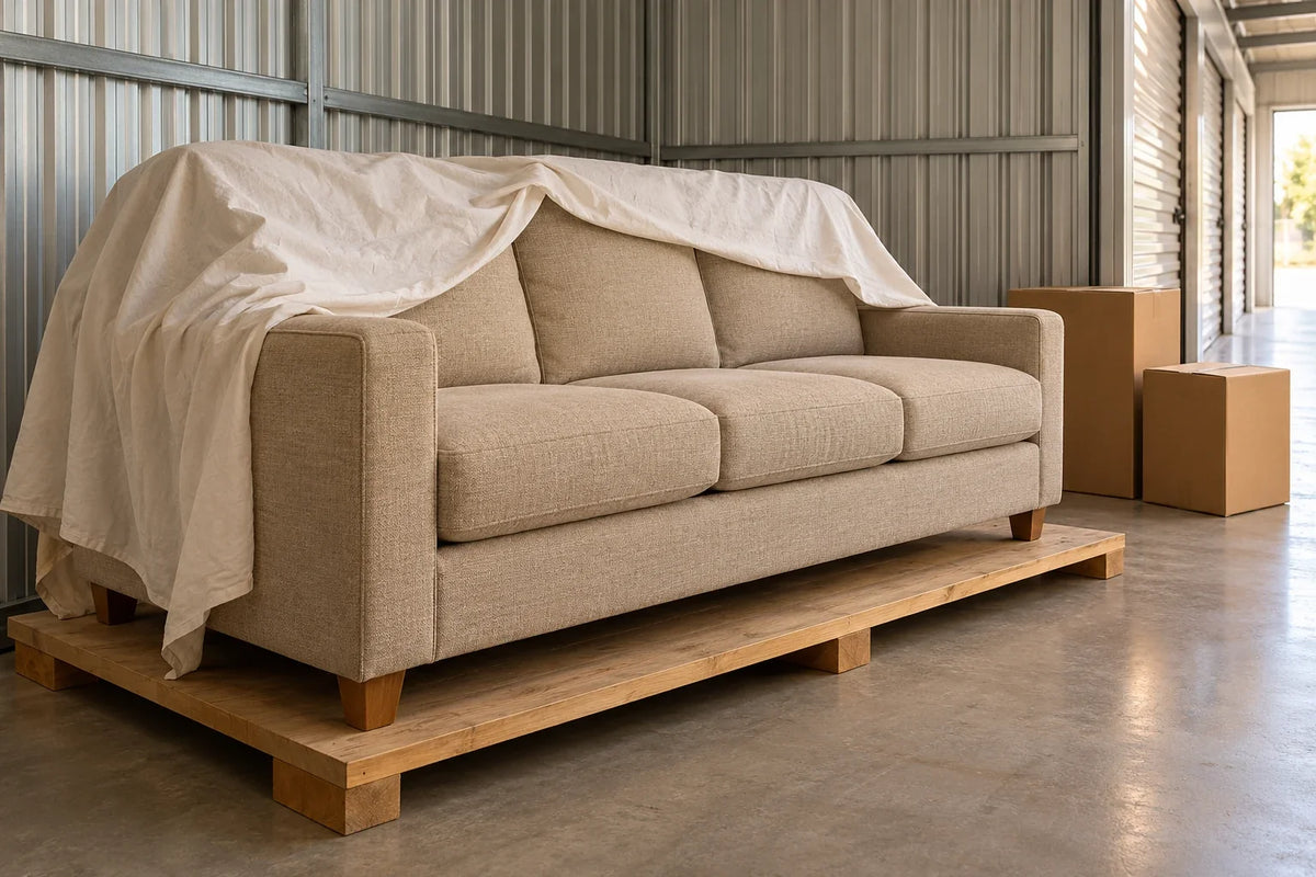 A sofa on a broad raised platform in a storage room, with a loose dust sheet pulled back and boxes kept off the cushions.
