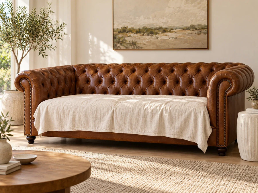 Generic brown buttoned Chesterfield-style sofa with a plain cream cloth across the seat, leaving its back and arms visible.