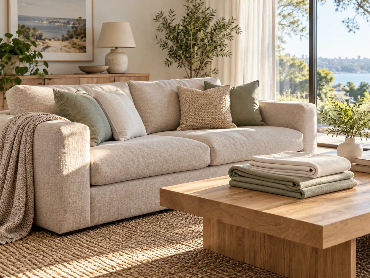Neutral sofa beside a bright window, with soft sunlight across the arm and folded ivory and sage fabric on a pale oak coffee table.
