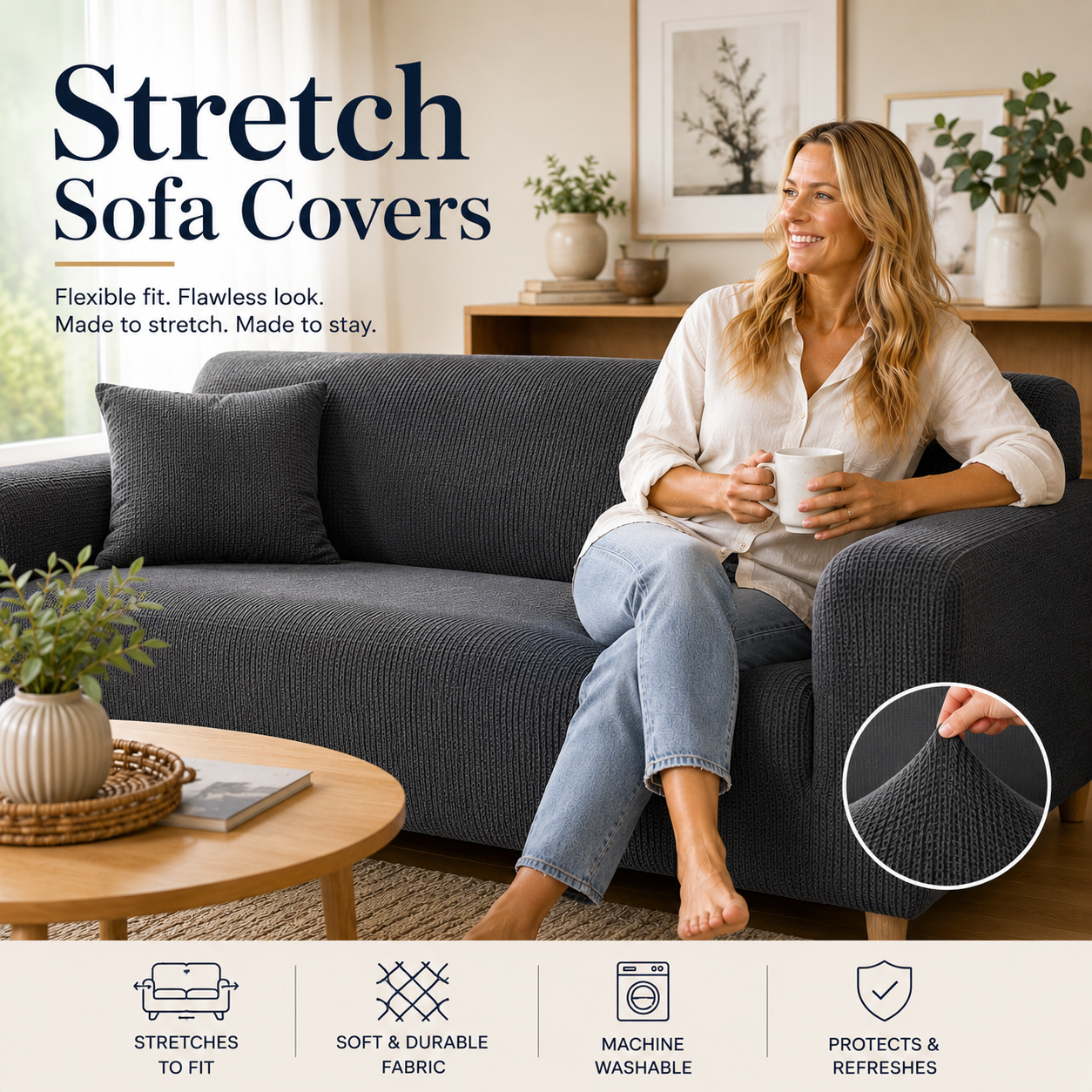 Stretch sofa cover fitted over a contemporary couch
