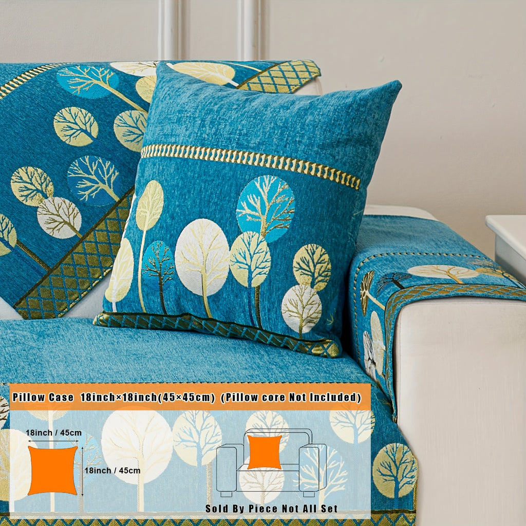 Moonlit in the option labelled Green, shown turquoise-blue: tree-pattern pillowcase pictured on a cushion, with a 45 × 45 cm label