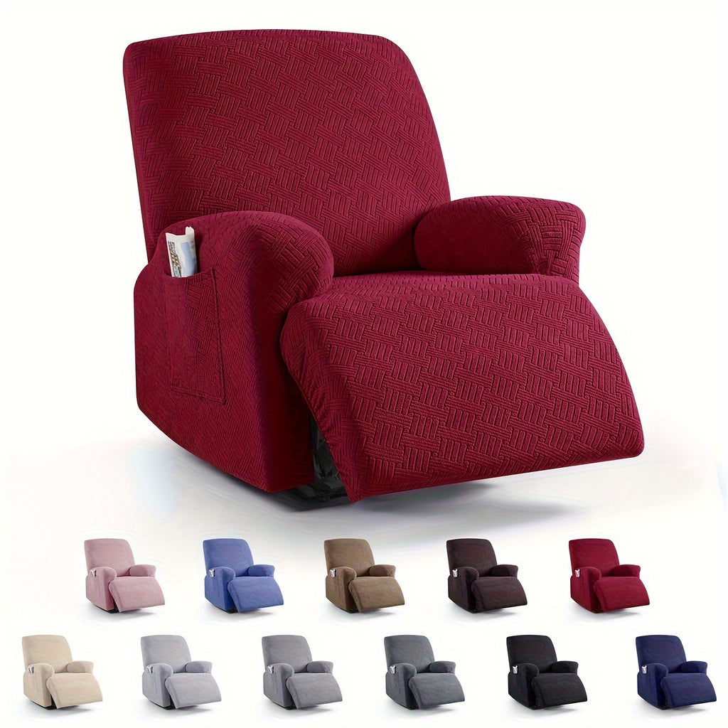 Spicy Striped Wine Greyson cover shown on a single recliner chair with a raised footrest, above colour examples