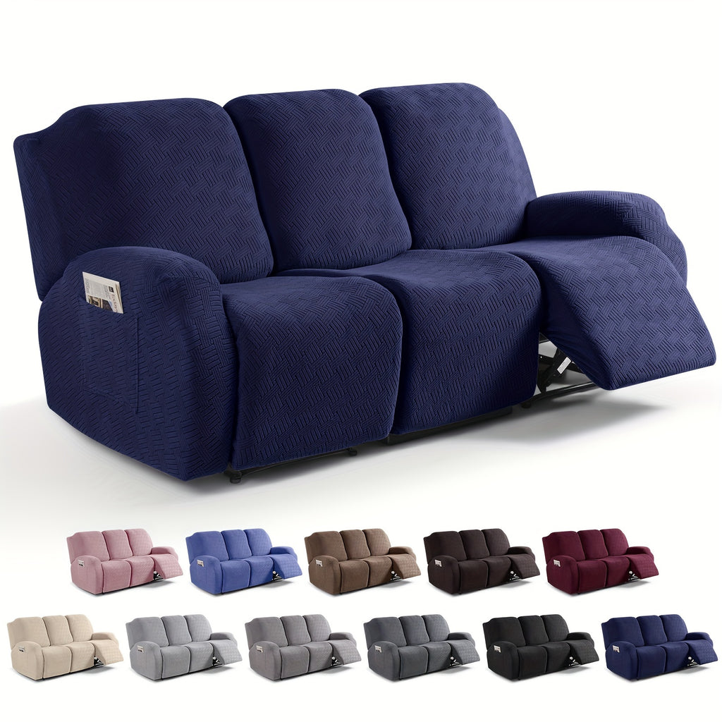 Spicy Striped Deep Blue Greyson cover shown on a three-seat reclining sofa with a raised footrest, above colour examples