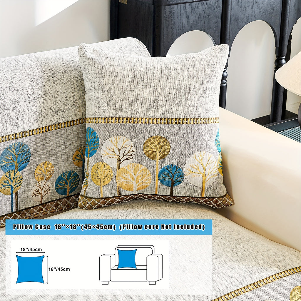 Sienna in White: tree-pattern pillowcase pictured on a cushion with a 45 × 45 cm label