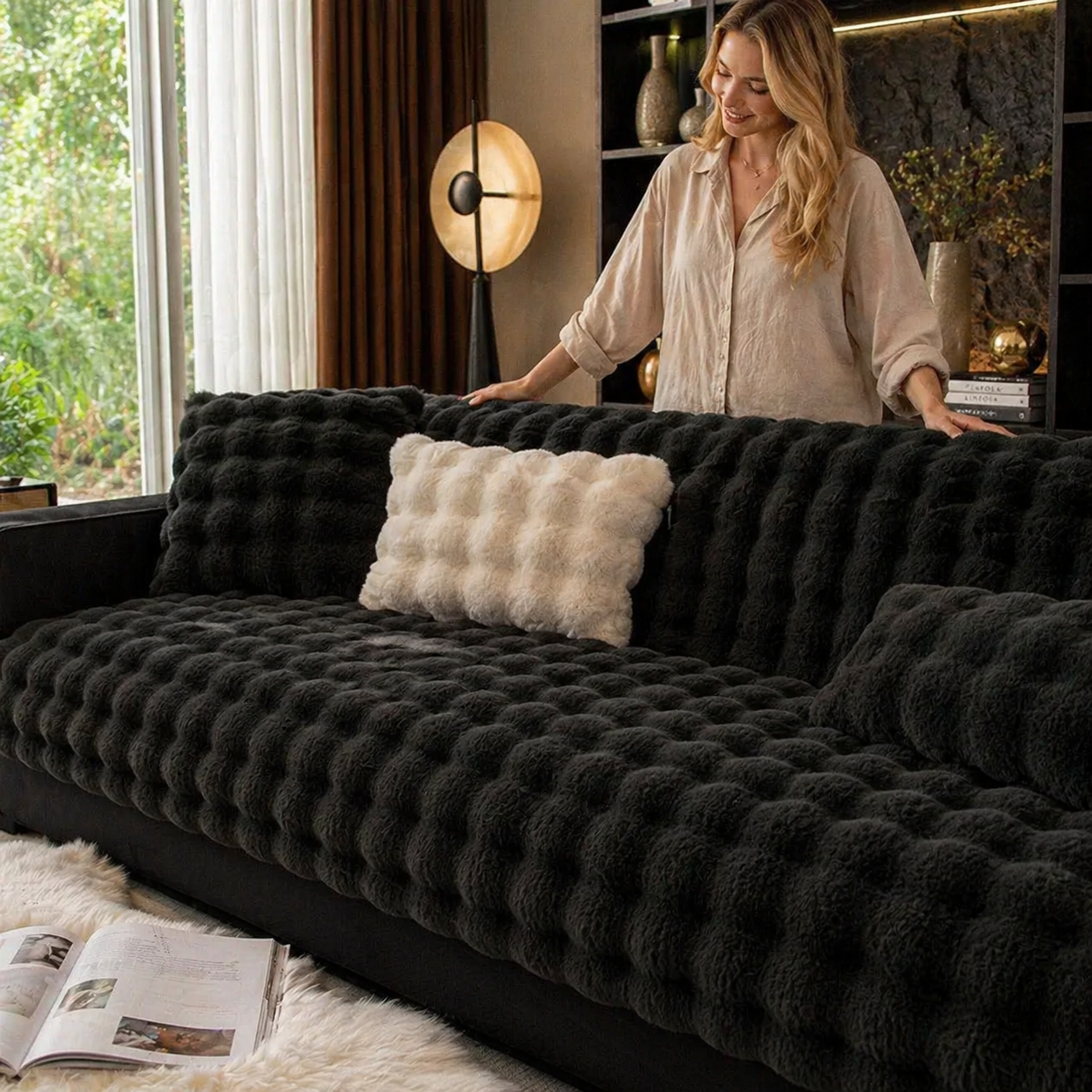 Imitation Rabbit Fur Plush Sofa Cushion Cover – Thick Non-Slip Seat Pad for Winter Comfort