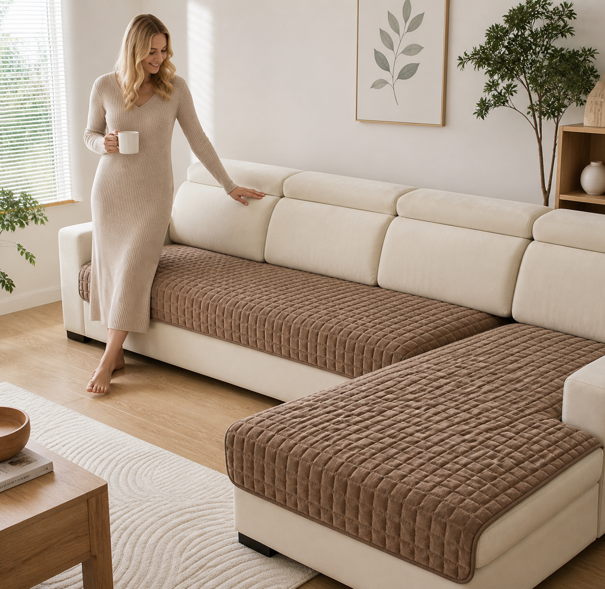 Brown Velluto cover pieces across a cream corner sofa beside a woman holding a mug