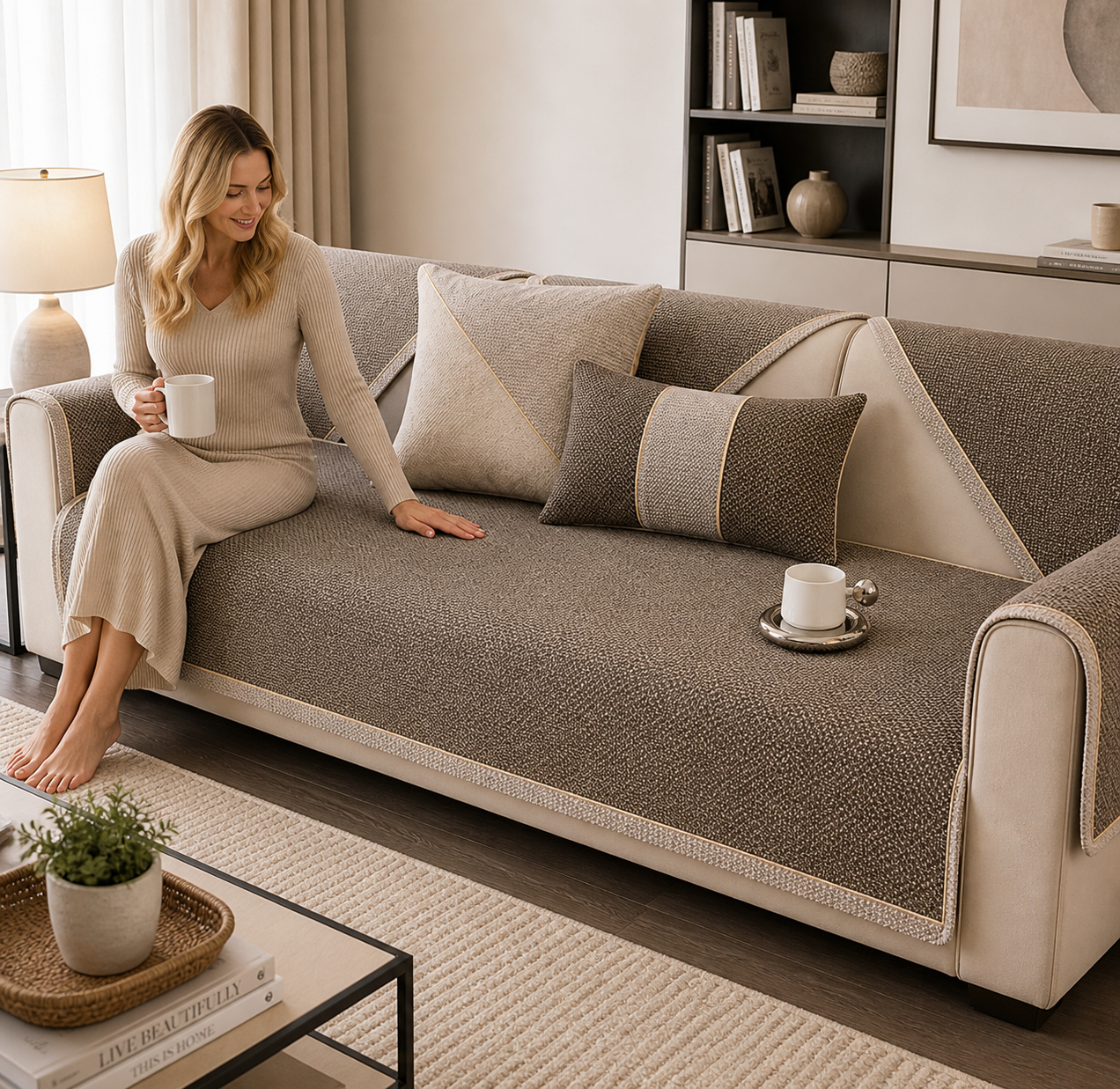 Cotton & Linen Look Sofa Cushion Cover – Waterproof Non-Slip Backrest & Seat Protector (All Seasons)