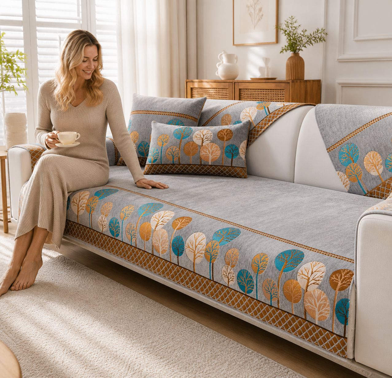 Premium Moonlit Trees Bohemian Sofa Cover Australia | Jacquard Chenille Armchair Protector | Machine Washable Slipcover | Buy Online