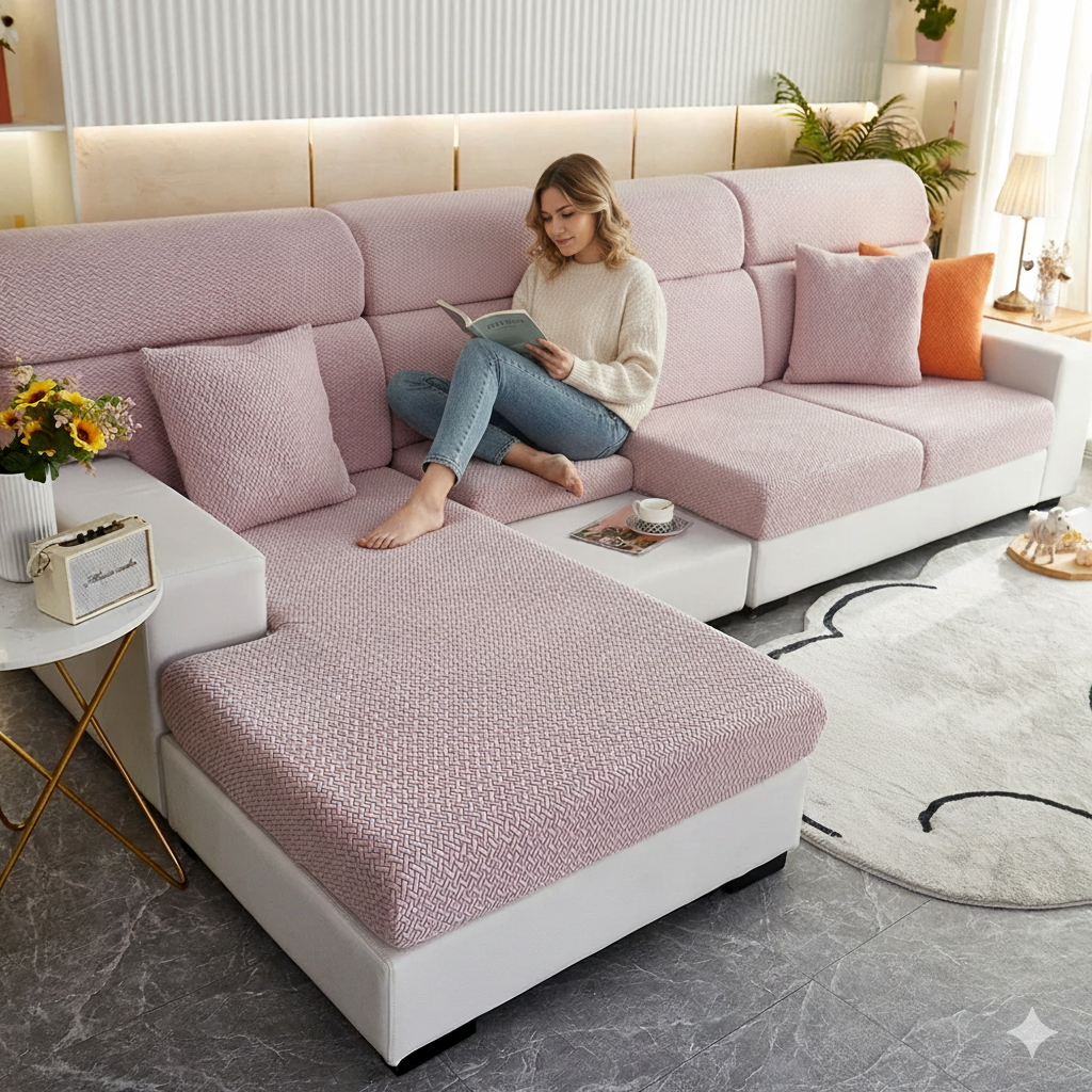 Woman seated on a sofa with pink Milan cushion covers