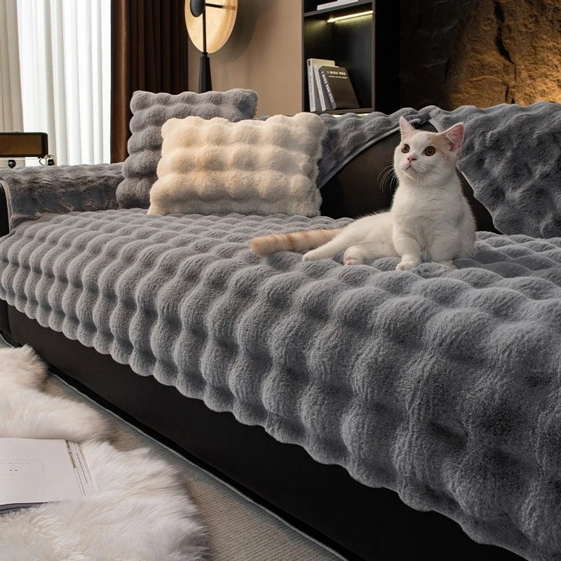 Imitation Rabbit Fur Sofa Cushion Cover - Plush Non-Slip Seat Pad - Cream / 110x180cm for Australian sofa styling