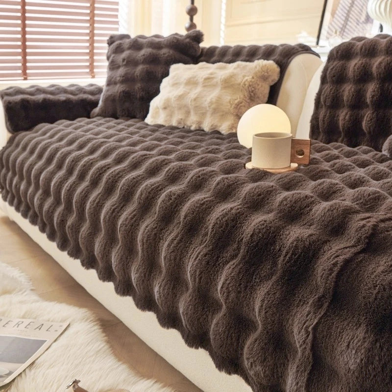 Imitation Rabbit Fur Sofa Cushion Cover - Plush Non-Slip Seat Pad - Cream / 90x280cm for Australian sofa styling
