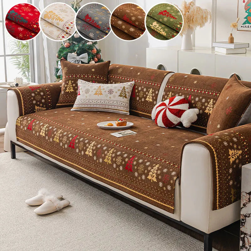 Brown Noel festive sofa panels and cushions with circular colour-detail insets