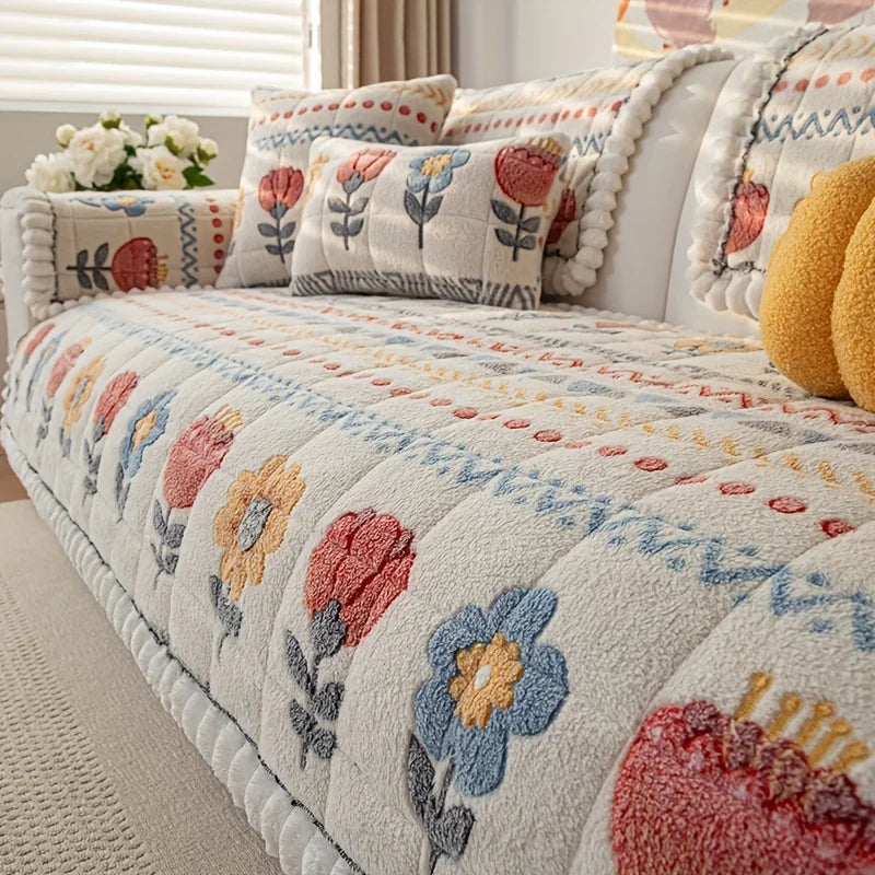 Bohemian Plush Milk Velvet Sofa Cover – Thick Jacquard Sofa Pad for Warm & Stylish Comfort - WHITE / 110*160cm for Australian sofa styling