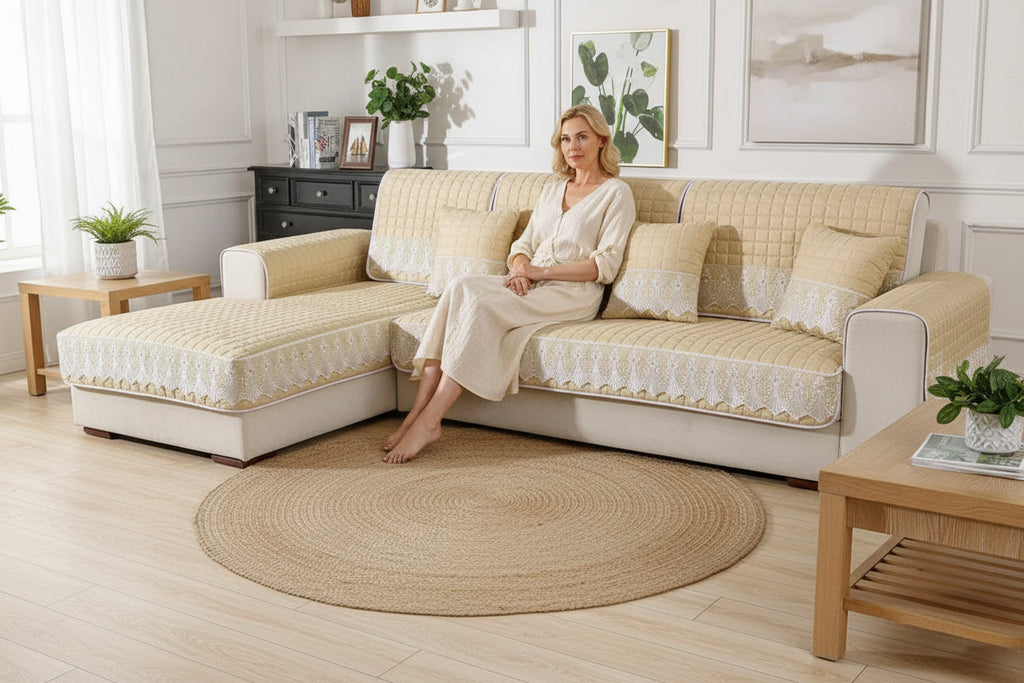 Four-Season Brushed Sofa Towel – Soft Non-Slip Seat Cover for L-Shaped & Sectional Sofas - beige / 110x180cm 1pc for Australian sofa styling