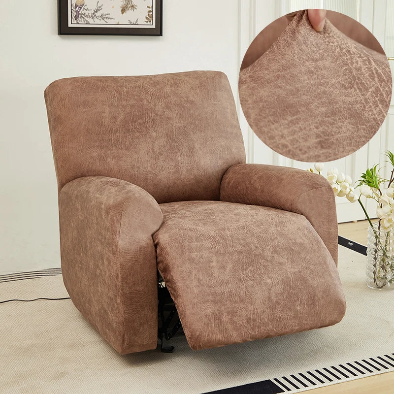 Nero tan recliner cover shown with an inset of fabric being pulled