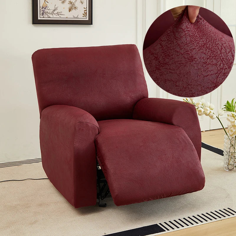 Nero burgundy recliner cover shown with an inset of fabric being pulled