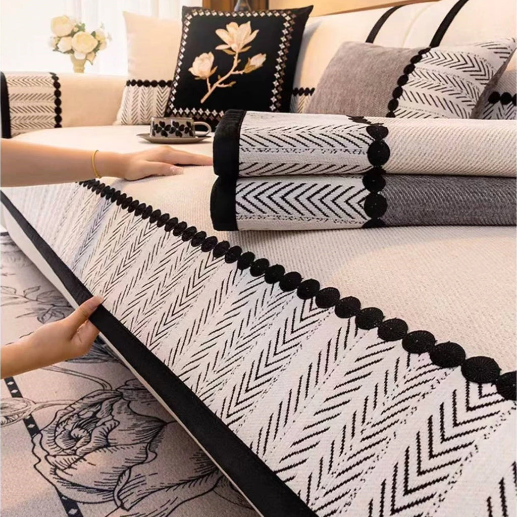 Contrast Hem Chenille Sofa Seat Cover – Twill Non-Slip Cushion Protector for All Seasons - Beige / 70x180cm for Australian sofa styling