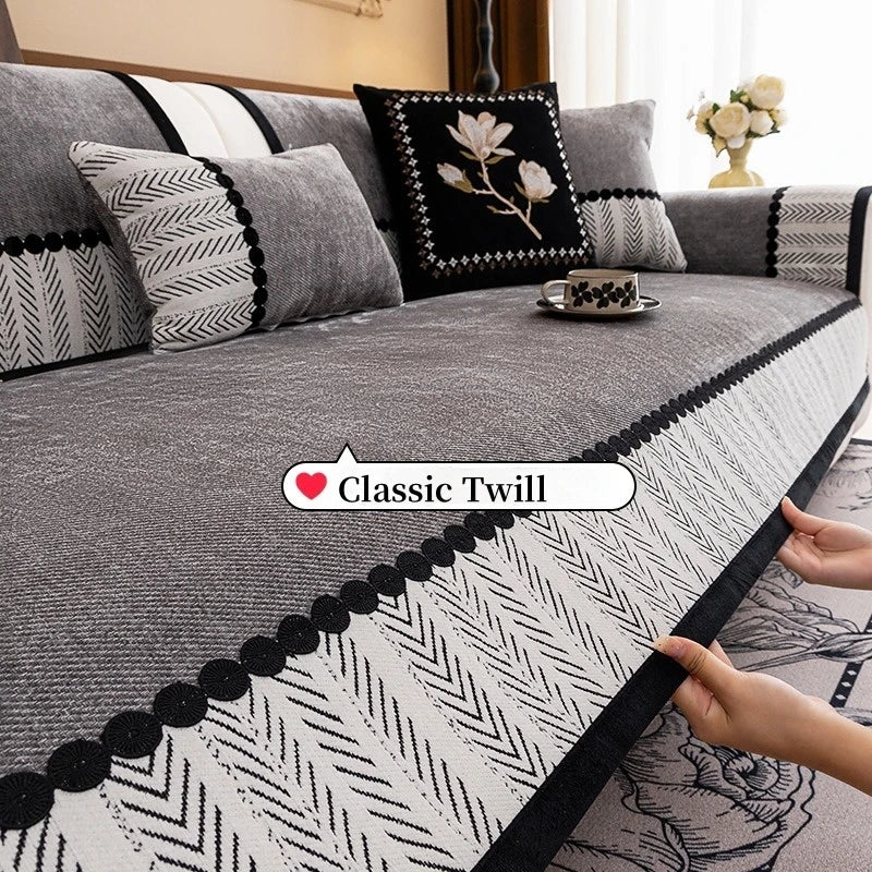 Contrast Hem Chenille Sofa Seat Cover – Twill Non-Slip Cushion Protector for All Seasons - Beige / 70x240cm for Australian sofa styling