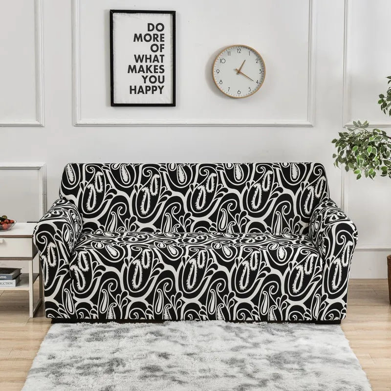 Sofa fitted with Celeste Color 09 cover showing white curling lines on black
