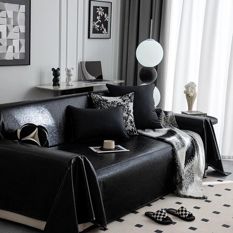Waterproof Artificial Leather Sofa Cover – Chaise Longue & Armchair Slipcover for Living - Black / 180x230cm for Australian sofa styling