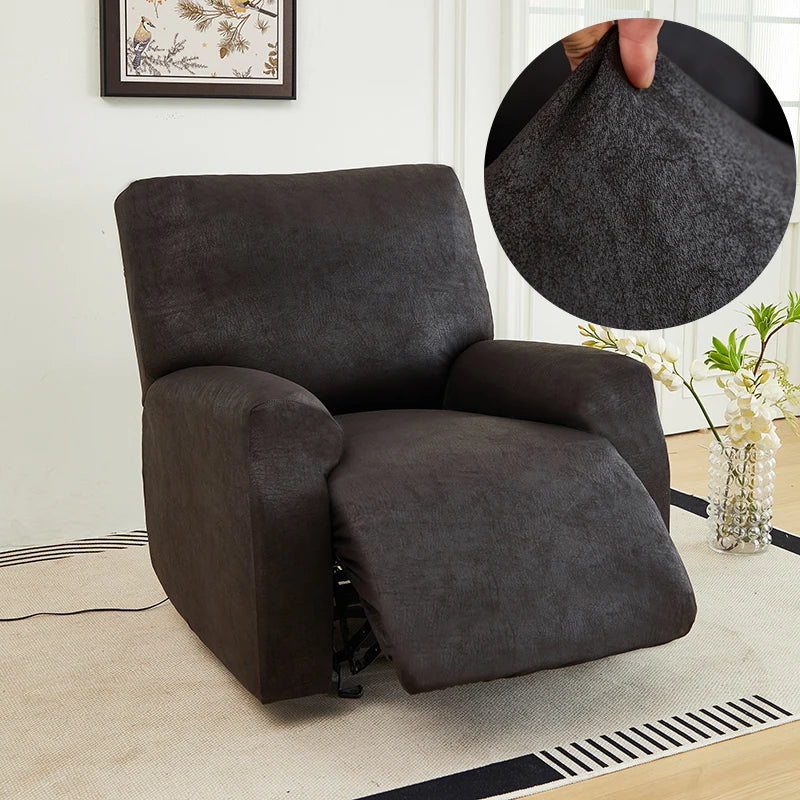 Nero charcoal recliner cover shown with an inset of fabric being pulled