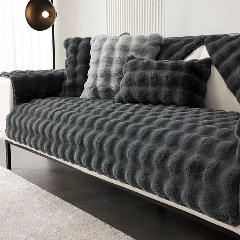 Imitation Rabbit Fur Sofa Cushion Cover - Plush Non-Slip Seat Pad - Cream / 90x210cm for Australian sofa styling