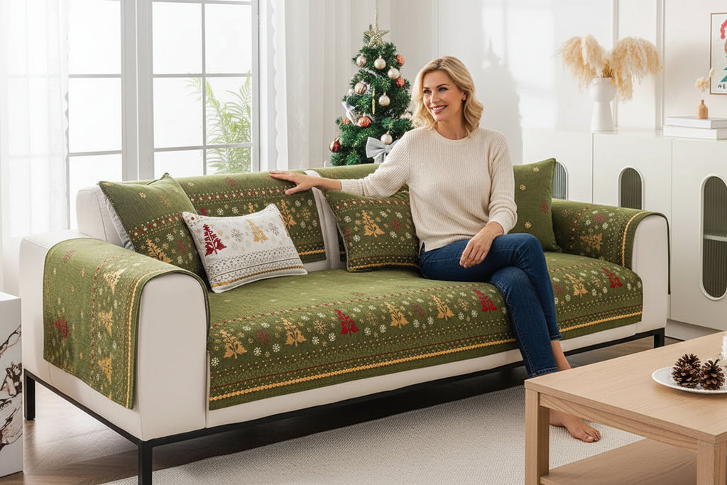 Festive Red Christmas Tree Sofa Cushion Cover – Anti-Slip Chenille Seat Protector - Green / 90X160cm for Australian sofa styling