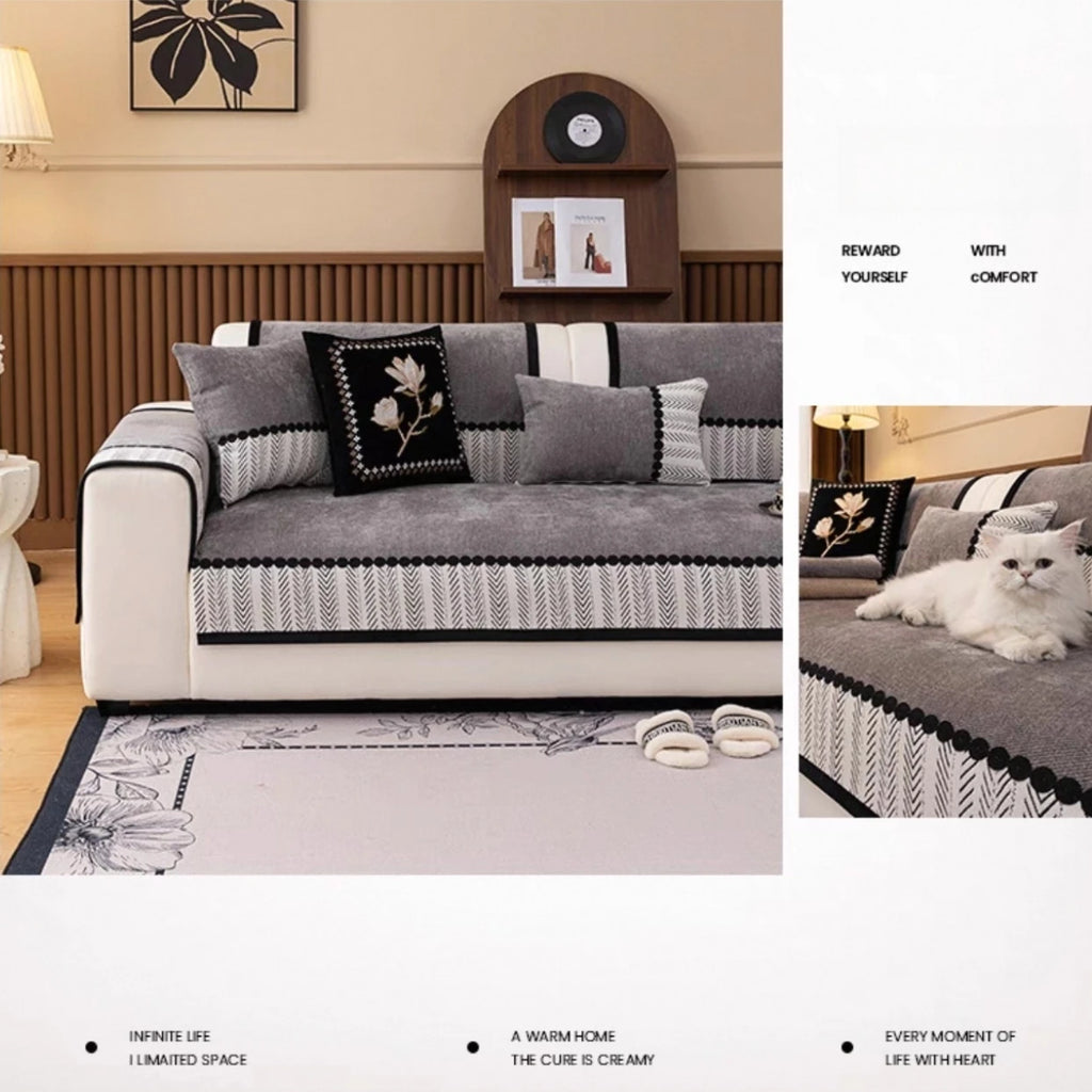 Contrast Hem Chenille Sofa Seat Cover – Twill Non-Slip Cushion Protector for All Seasons - Beige / 90x70cm for Australian sofa styling