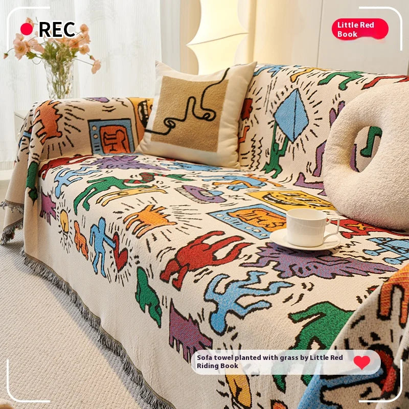 Double-Sided Patchwork Sofa Blanket – Thick Non-Slip All-Cover Couch Protector - Color Graffiti / 90x240cm for Australian sofa styling
