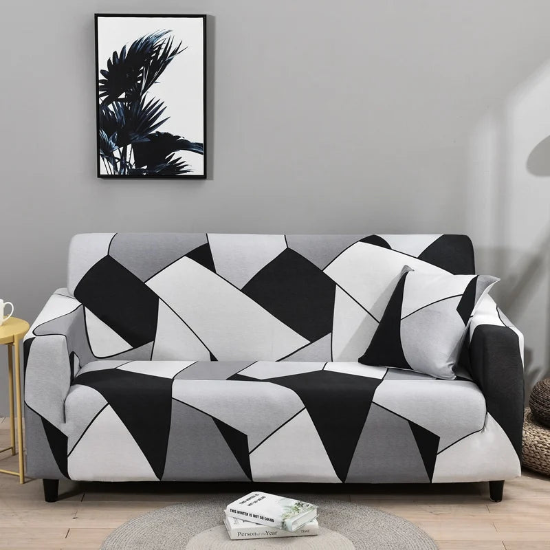 Sofa fitted with Celeste Color 13 cover showing black and white angular blocks