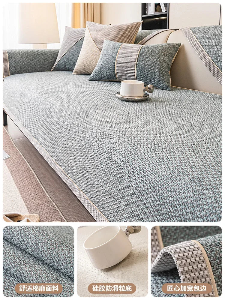 Pale blue-green Haven sofa panels with pale trim and close-up fabric details