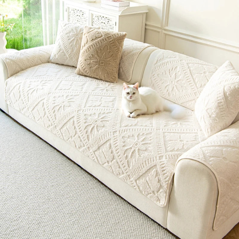 Plush Winter Sofa Seat Pad – Non-Slip French-Style Couch Mat for Living Rooms - A1 Beige / 1pc 30x50 pillowcase for Australian sofa styling