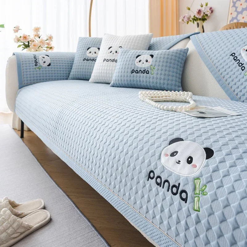 Ice Silk Sofa Mat with Panda Embroidery – Anti-Slip Summer Seat & Armrest Cover - Dark blue / 1seat 90x90cm-1pcs for Australian sofa styling