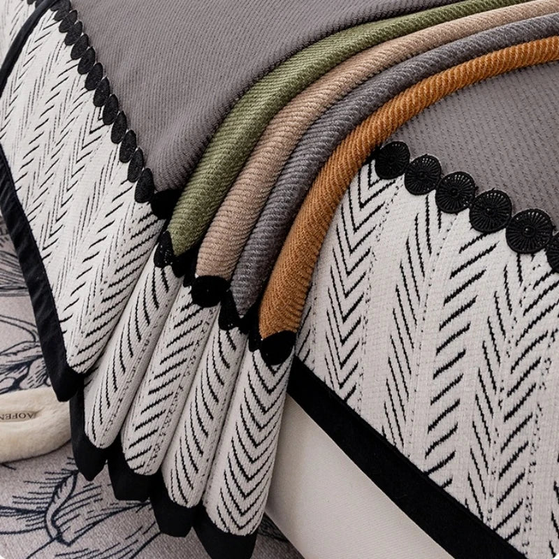 Contrast Hem Chenille Sofa Seat Cover – Twill Non-Slip Cushion Protector for All Seasons - Beige / 90x120cm for Australian sofa styling