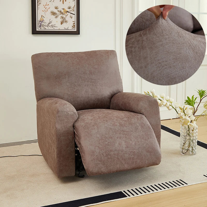 Nero taupe grey recliner cover shown with an inset of fabric being pulled