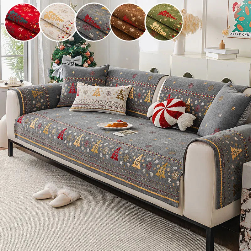 Grey Noel Christmas-tree and snowflake panels on a sofa with colour-detail insets