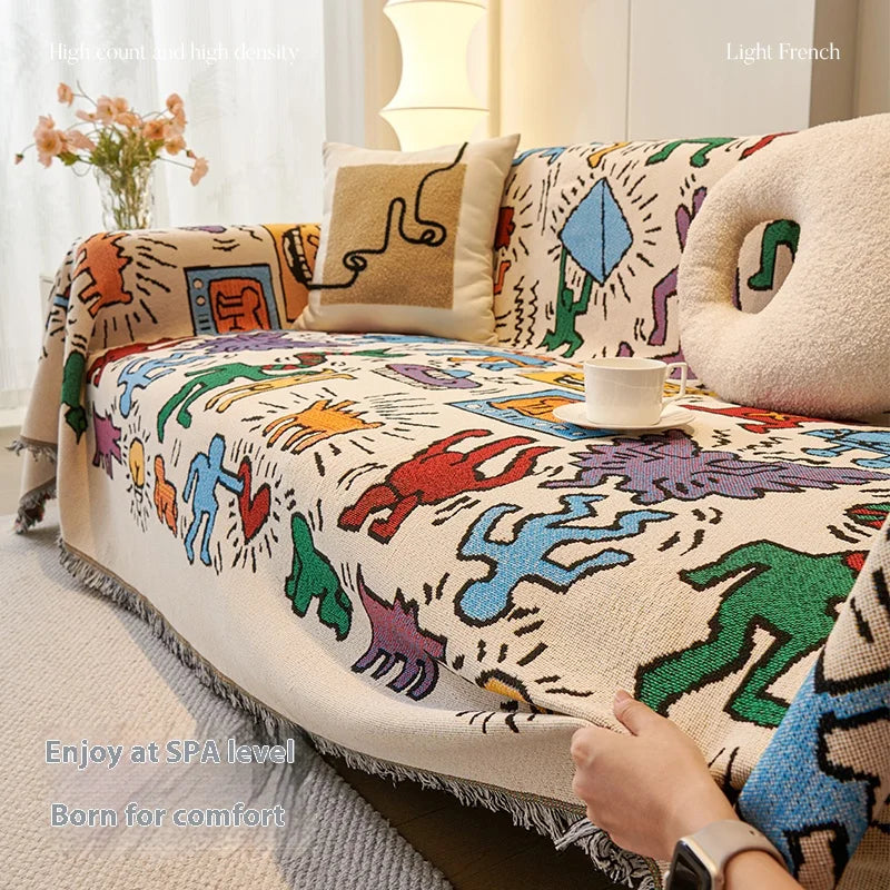 Double-Sided Patchwork Sofa Blanket – Thick Non-Slip All-Cover Couch Protector - Color Graffiti / 180x380cm for Australian sofa styling