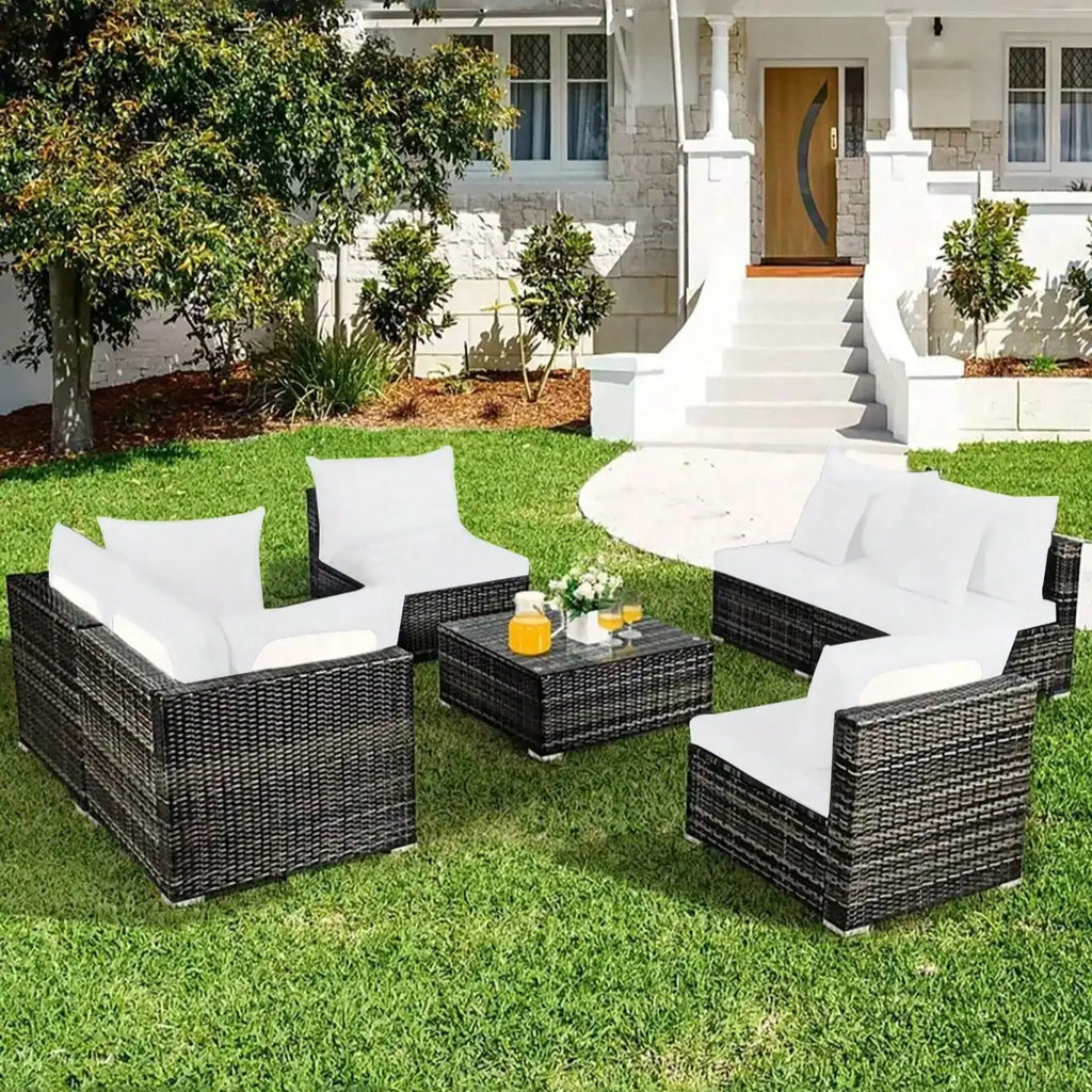 White Daintree seat and back cushion covers on a garden seating set.