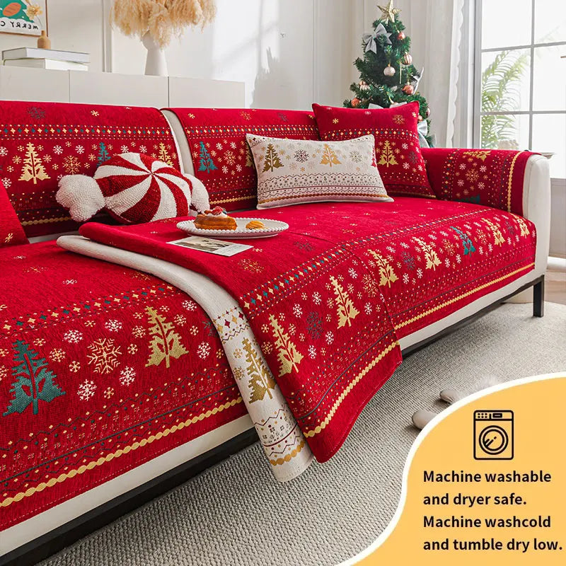 Festive Red Christmas Tree Sofa Cushion Cover – Anti-Slip Chenille Seat Protector - Grey / 90X180cm for Australian sofa styling