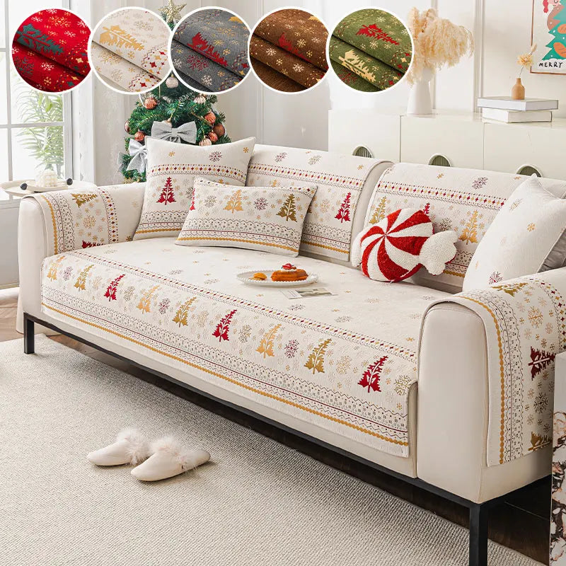 Cream-toned White Noel sofa panels with tree and snowflake motifs and colour-detail insets