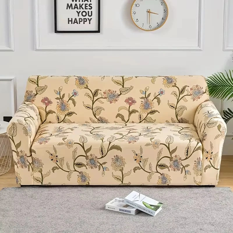 Sofa fitted with Celeste Color 17 cover showing flowers and stems on beige