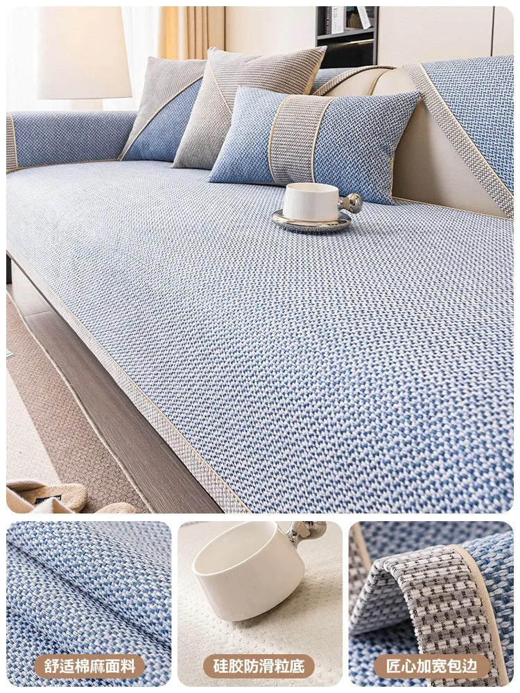 Pale blue Haven seat covering with matching cushions and three close-up detail insets