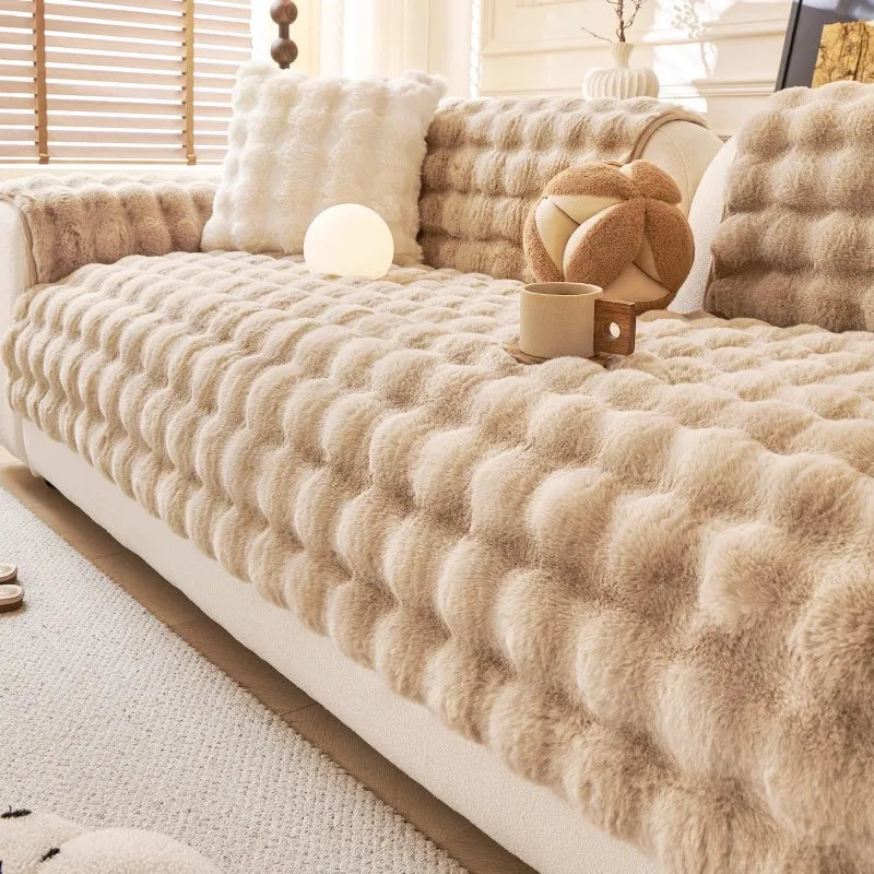 Imitation Rabbit Fur Sofa Cushion Cover - Plush Non-Slip Seat Pad - Cream / 70x180cm for Australian sofa styling